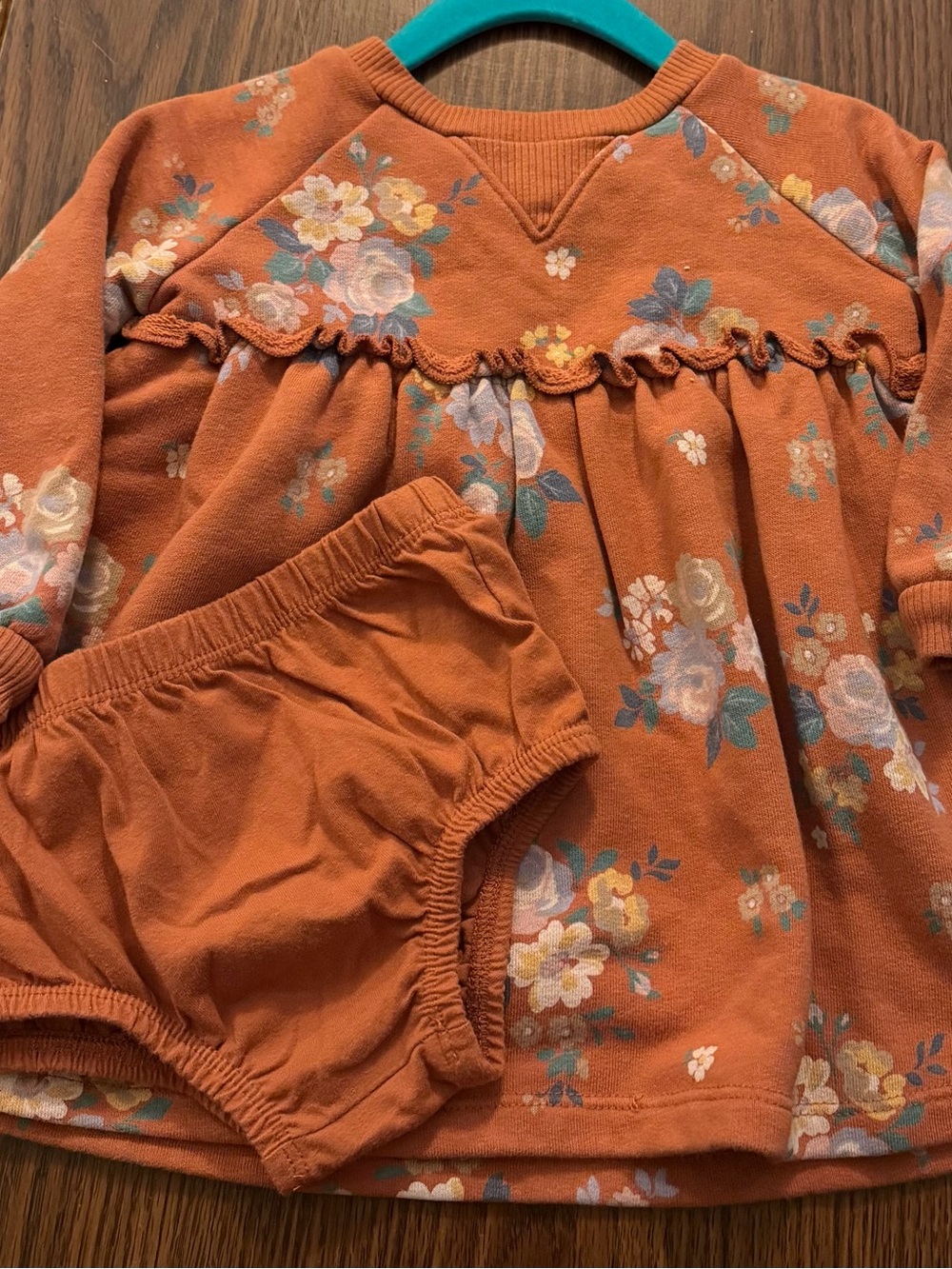 Girls' Rust Floral Ruffle Dress with Bloomers